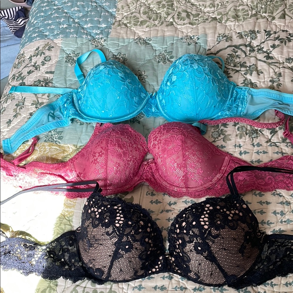 Lace Underwire Bra Set - Blue, Pink, Black